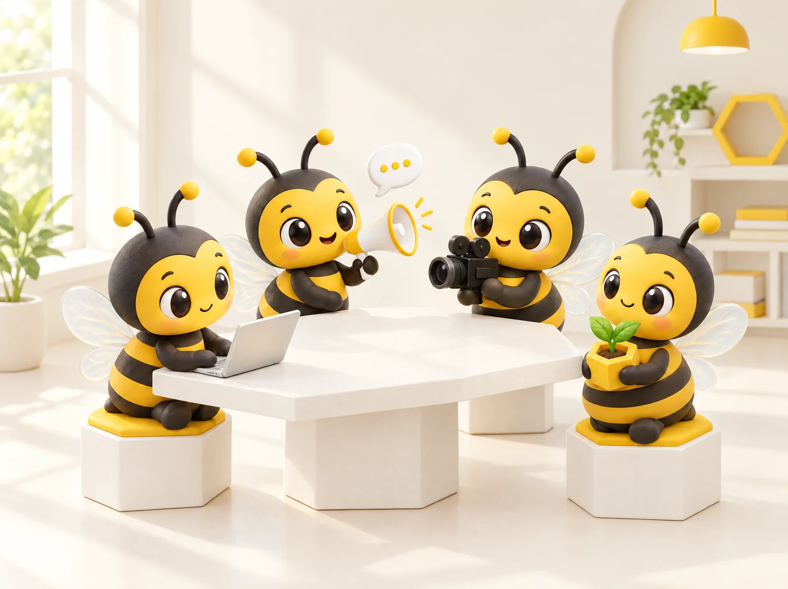Our four bee mascots around a hexagon table: one on a laptop, one with a megaphone, one filming, one holding a seedling